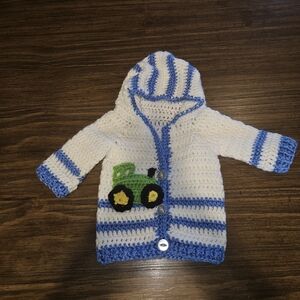 Blue and White Kids Hooded Sweater with Tractor Design